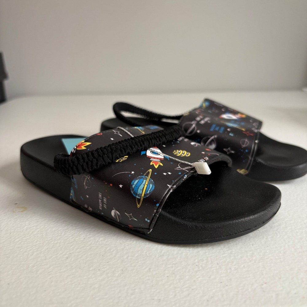 Watelves Kids Space Rocket Ship Galaxy Black Slides Sandals Size‎ L NEW